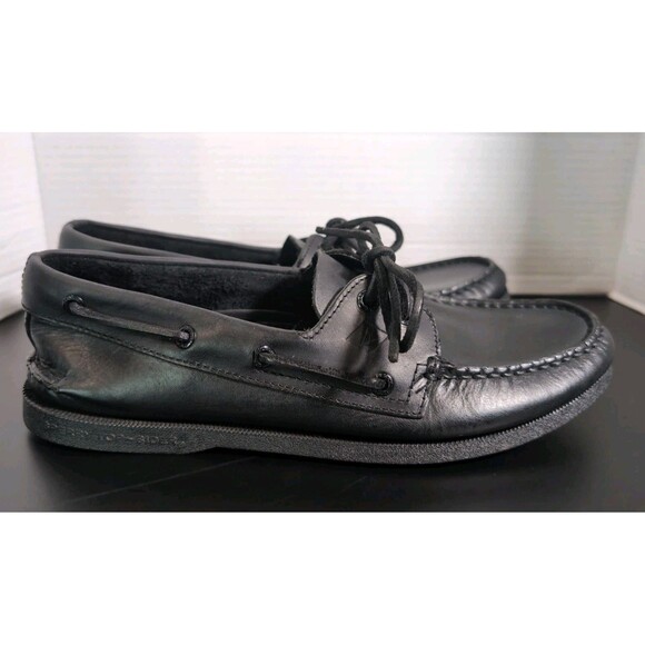 SPERRY TOPSIDER AUTHENTIC ORIGINAL BLACK LEATHER BOAT SHOES MENS 9.5 0836981 EUC